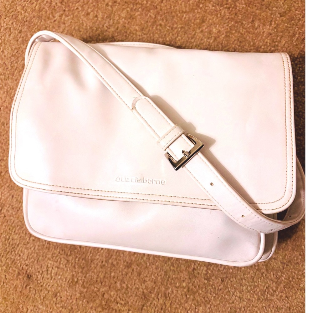 Liz Claiborne White Crossbody Bag Flap Messenger Purse Adjustable Strap Silver